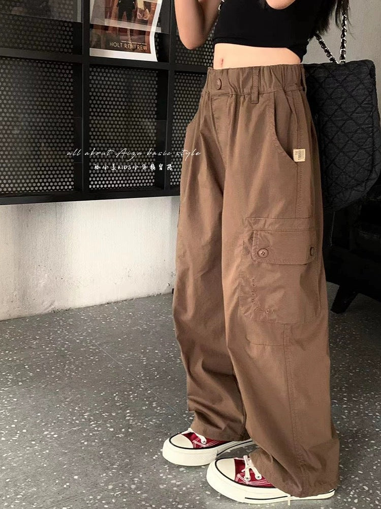 Girls' Loose Cargo Pants with Elastic Waist Autumn