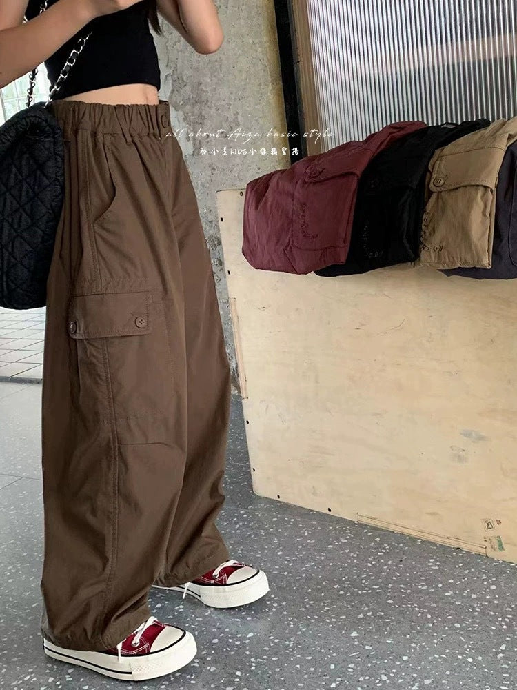 Girls' Loose Cargo Pants with Elastic Waist Autumn