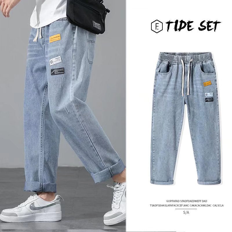 Men's Loose Straight Cropped Jeans Light Color Casual Trousers