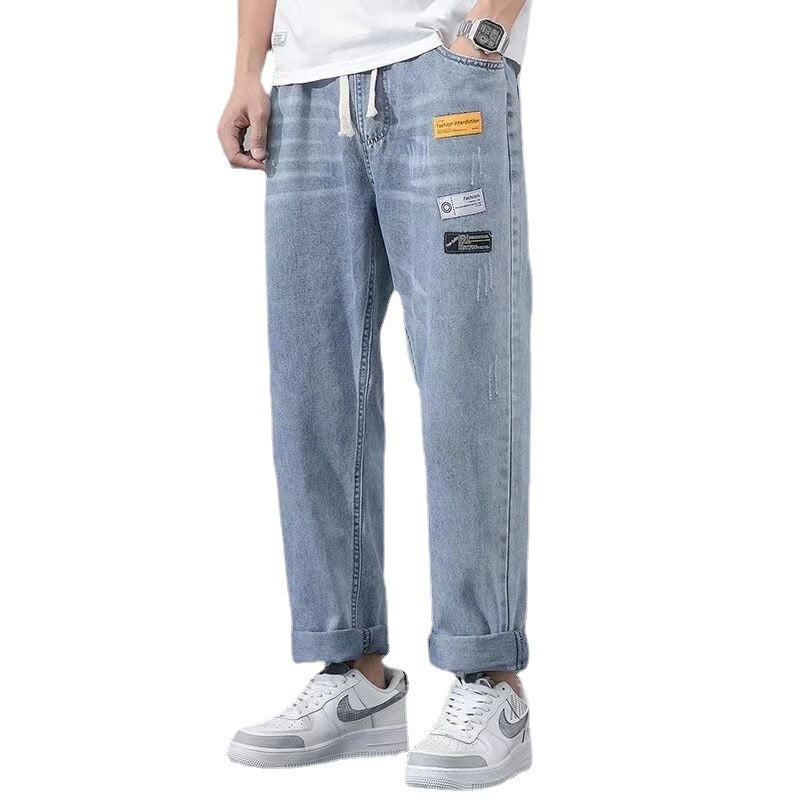 Men's Loose Straight Cropped Jeans Light Color Casual Trousers