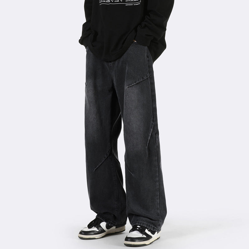 Men's Vintage Blue Wide Leg Jeans Loose Straight American Style