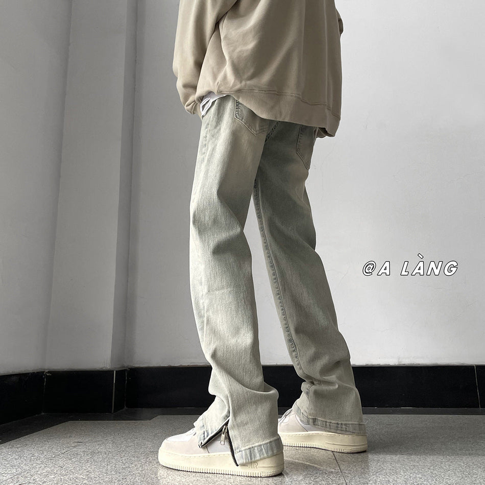 Men's Yellow Washed Bootcut Jeans Retro American Zipper Pants