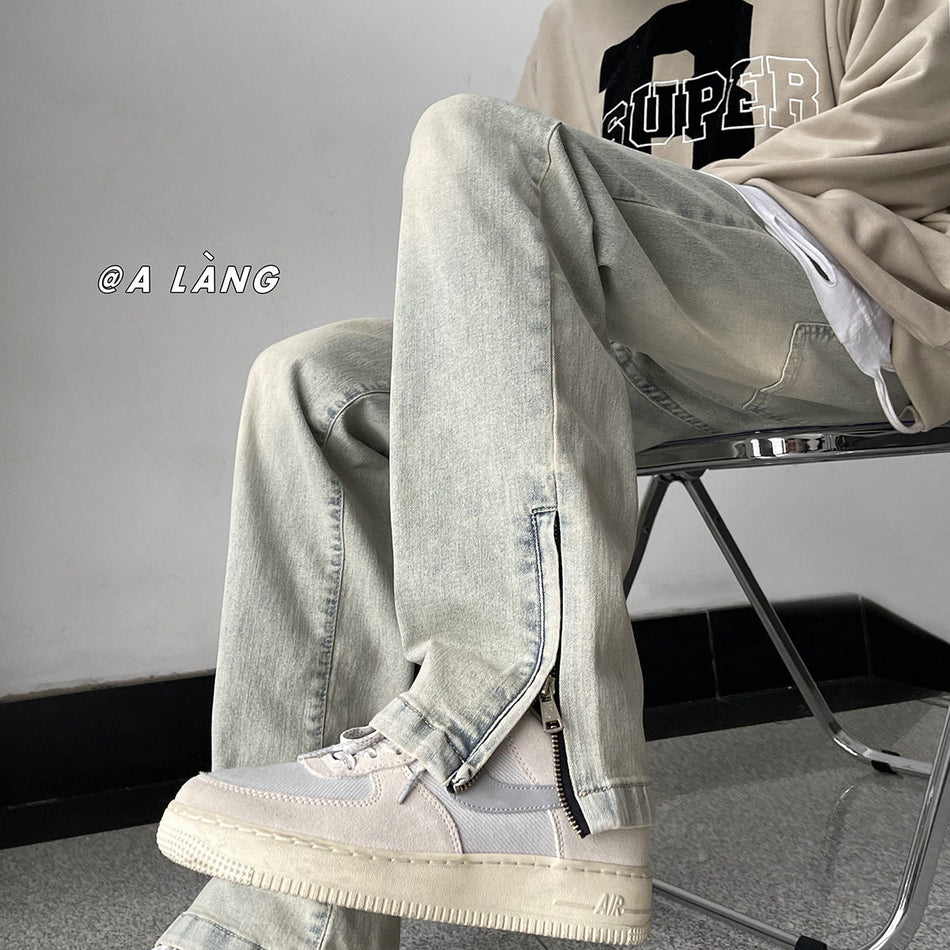 Men's Yellow Washed Bootcut Jeans Retro American Zipper Pants