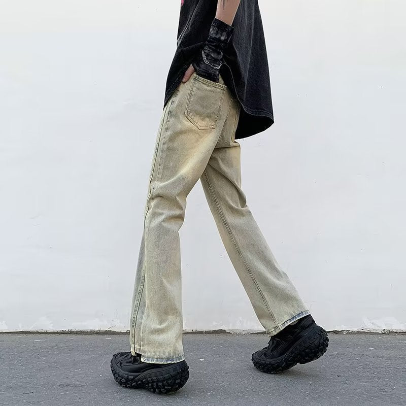 Unisex Yellow Washed Straight Jeans American High Street Style