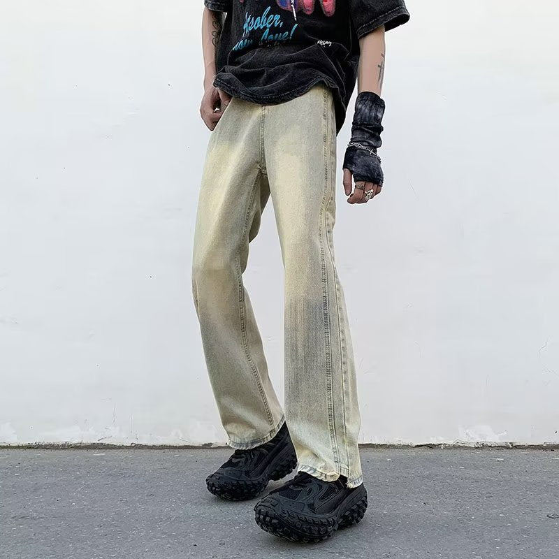 Unisex Yellow Washed Straight Jeans American High Street Style