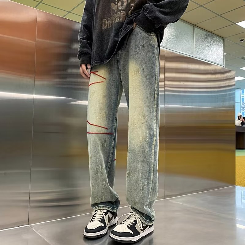 Men's Distressed Jeans Loose Straight European American Style