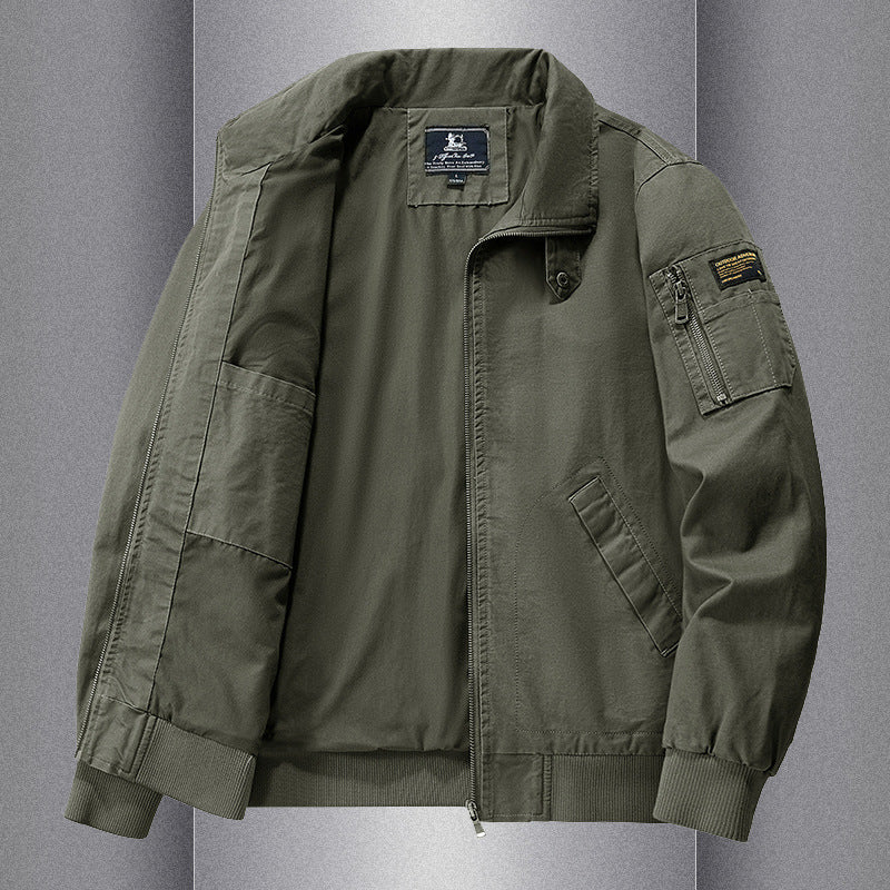 Men's 100% Pure Cotton Lapel Collar Loose Casual Flight Jacket
