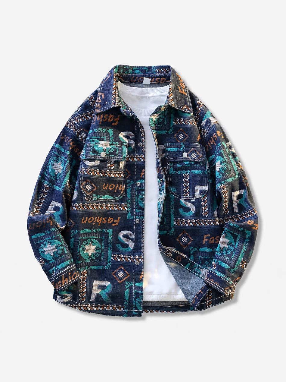 Men's Floral Print Printed Denim Medium-Long Trucker Jacket