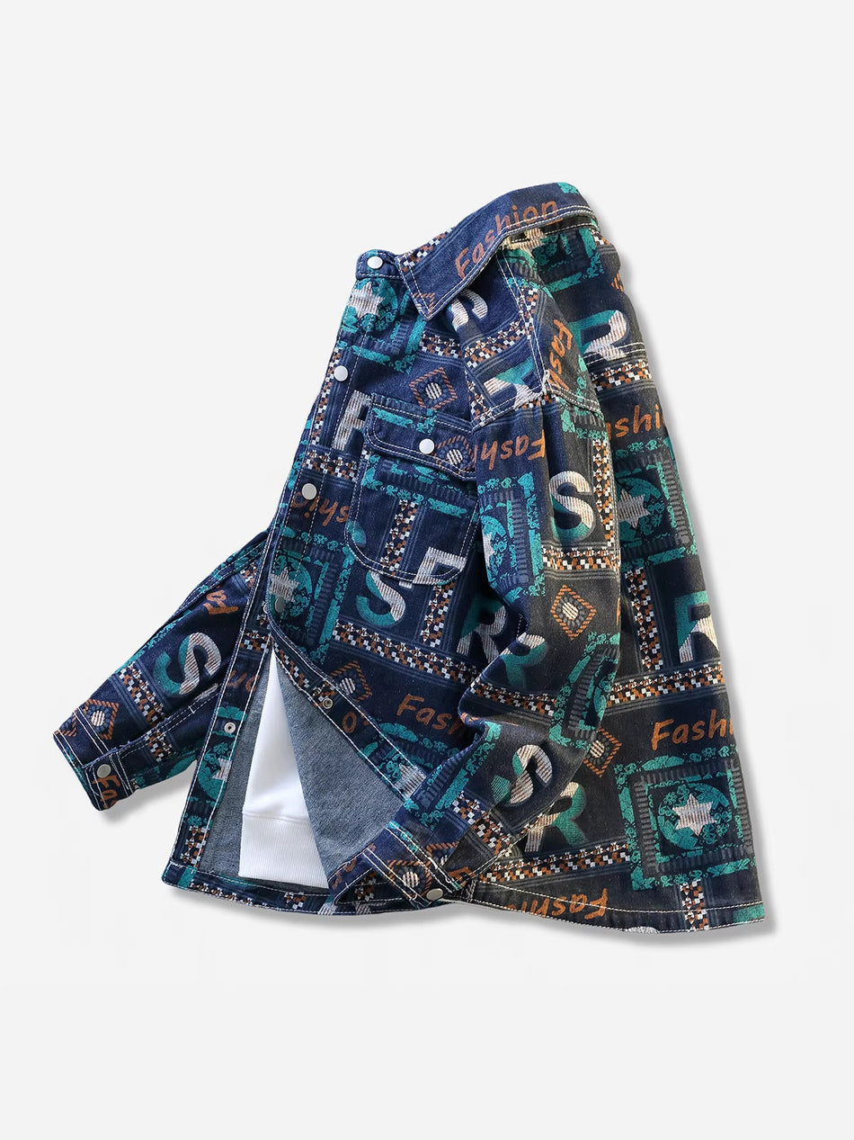 Men's Floral Print Printed Denim Medium-Long Trucker Jacket