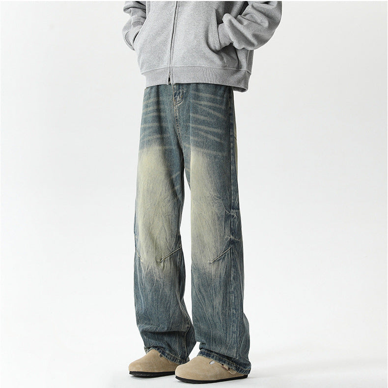 Men's Lightning Pattern Washed Jeans Loose Straight American