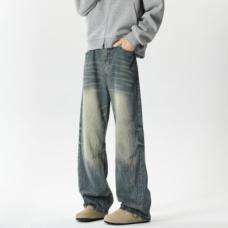 Men's Lightning Pattern Washed Jeans Loose Straight American