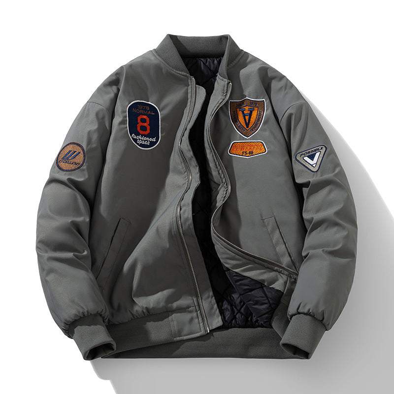 Men's Thickened Quilted Pilot Jacket Stand Collar Badge Coat