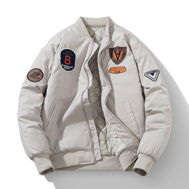 Men's Thickened Quilted Pilot Jacket Stand Collar Badge Coat