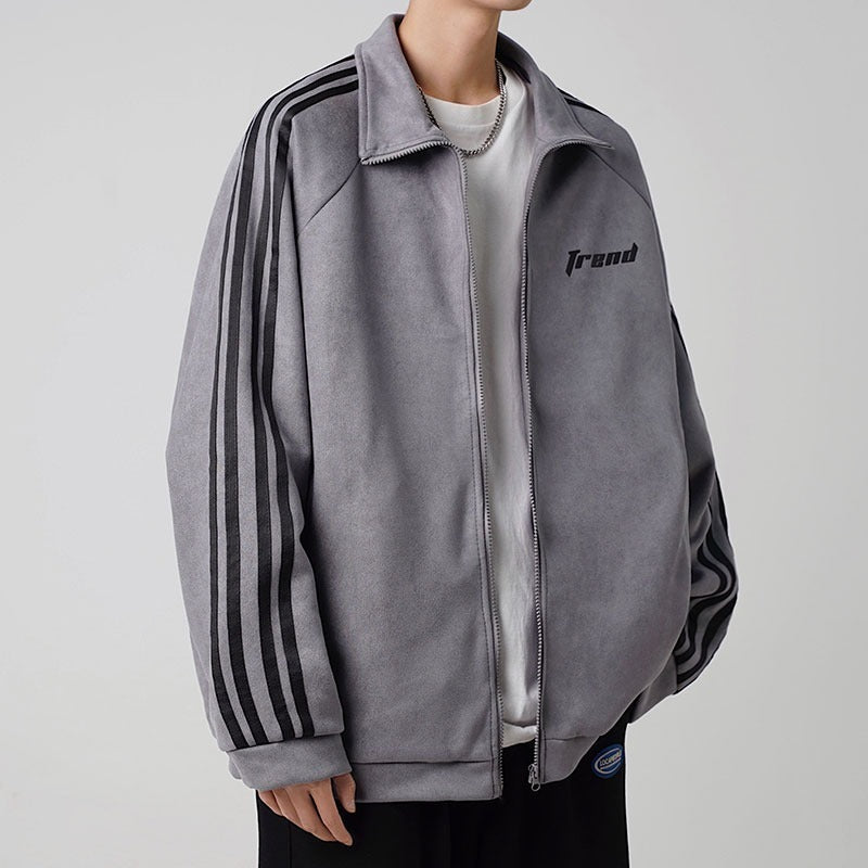 Men's American Retro Striped Suede Thickened Lapel Jacket