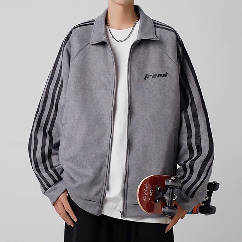 Men's American Retro Striped Suede Thickened Lapel Jacket