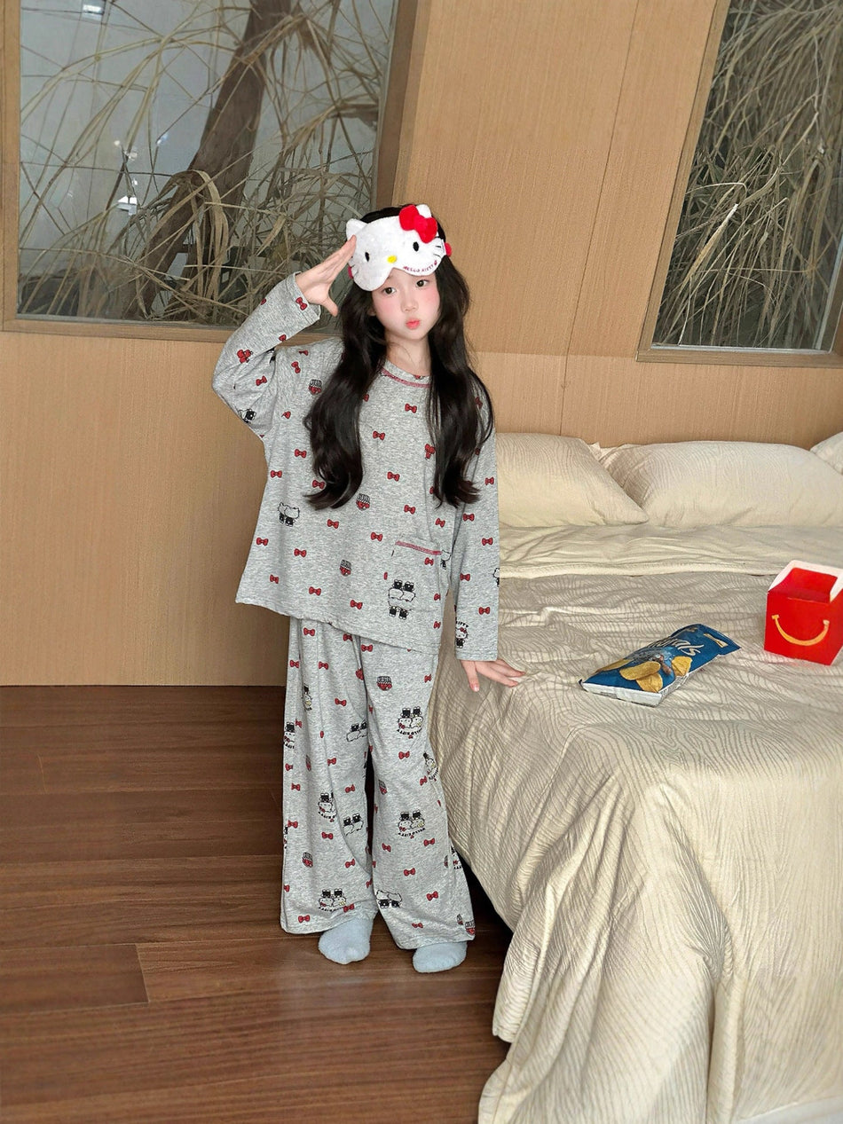 Girls' Cartoon Cotton Pajama Set Long Sleeve Round Neck