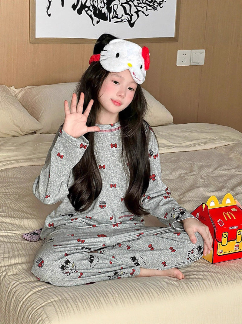 Girls' Cartoon Cotton Pajama Set Long Sleeve Round Neck