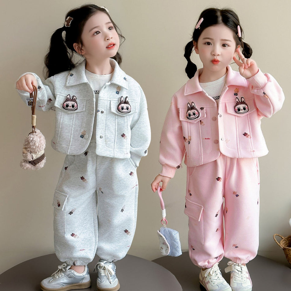Girls Cartoon Print Cardigan Sweatshirt Two-Piece Set for Kids