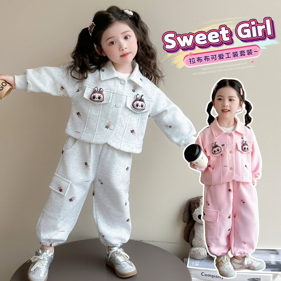 Girls Cartoon Print Cardigan Sweatshirt Two-Piece Set for Kids