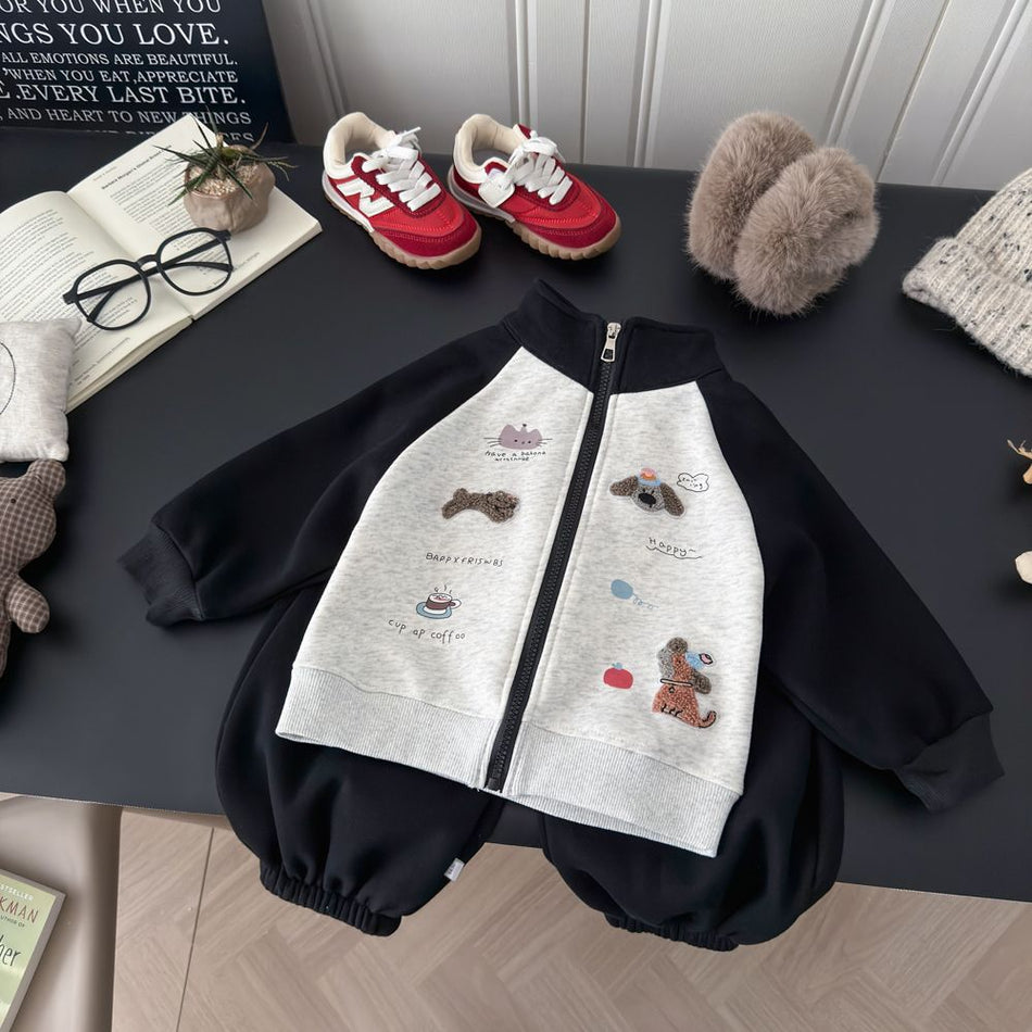 Kids Cartoon Zipper Cardigan Two-Piece Skirt Set