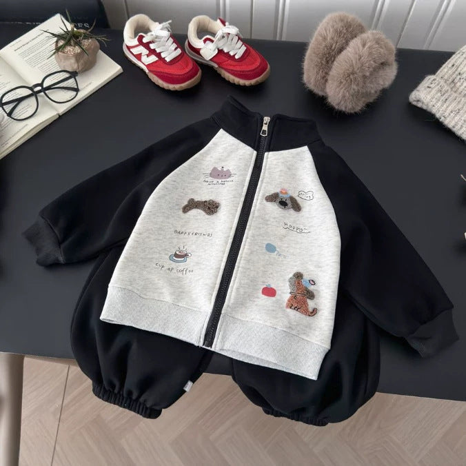 Kids Cartoon Zipper Cardigan Two-Piece Skirt Set