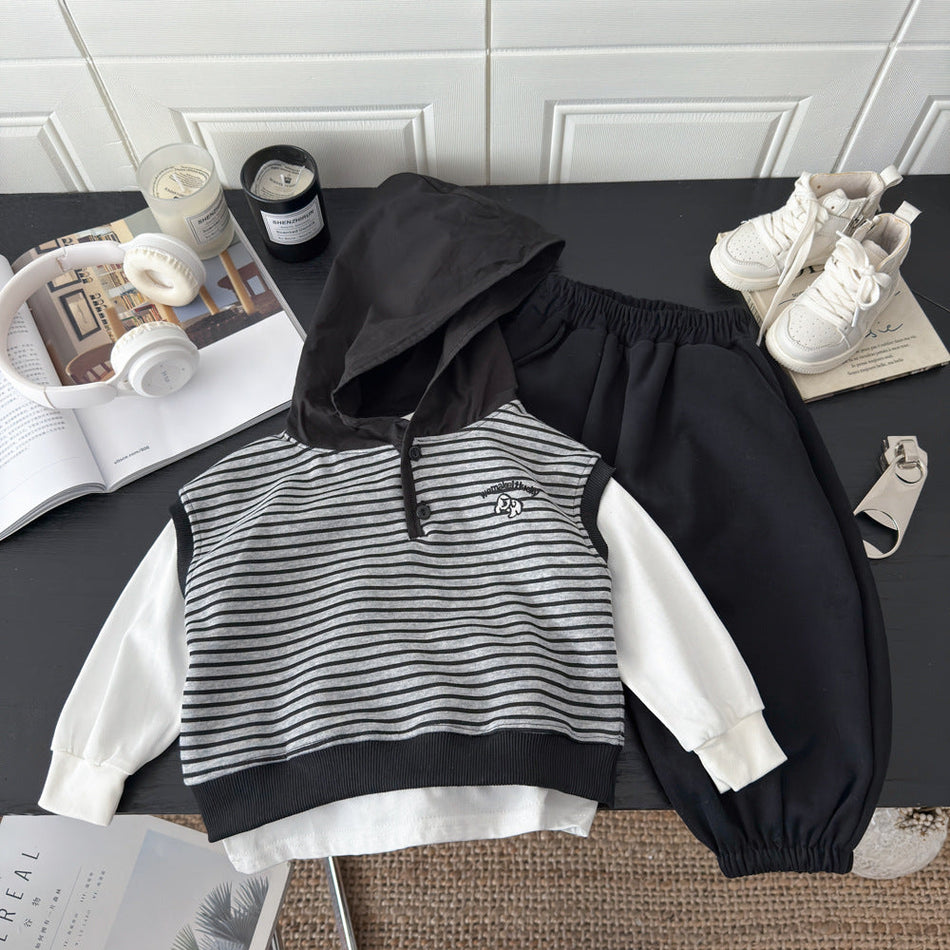 Kids Hooded Vest Three-Piece Set with Striped Top and Pants