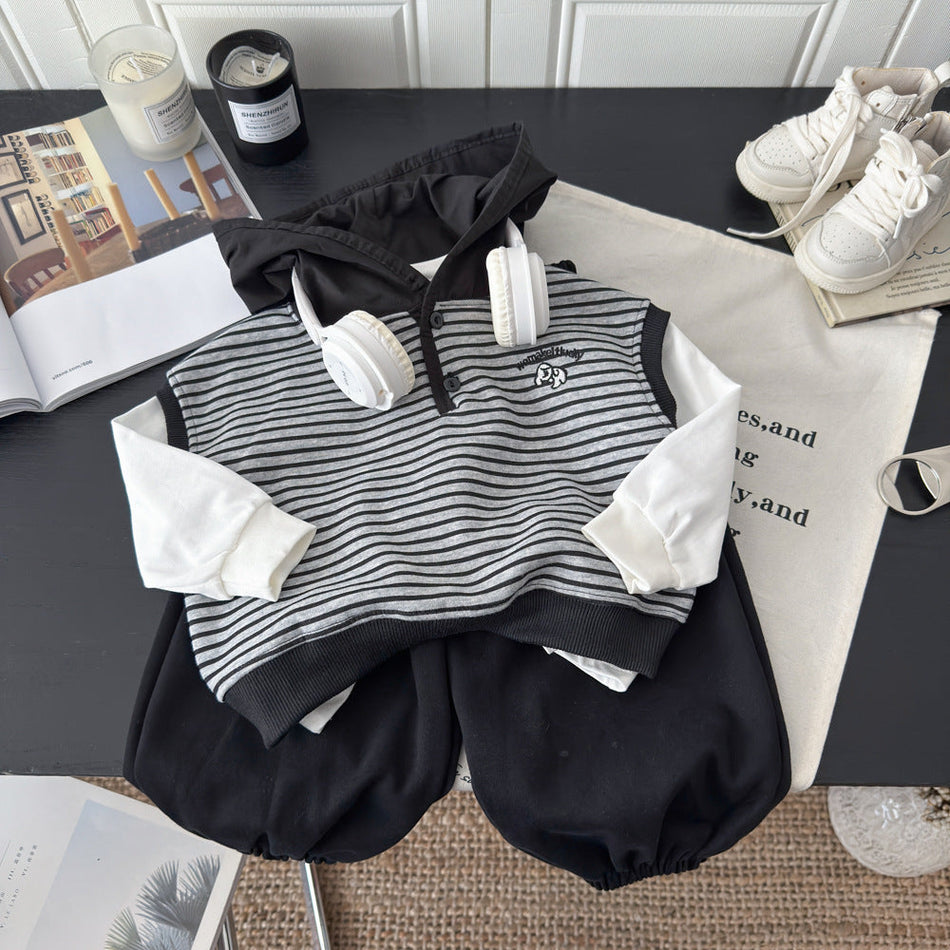 Kids Hooded Vest Three-Piece Set with Striped Top and Pants