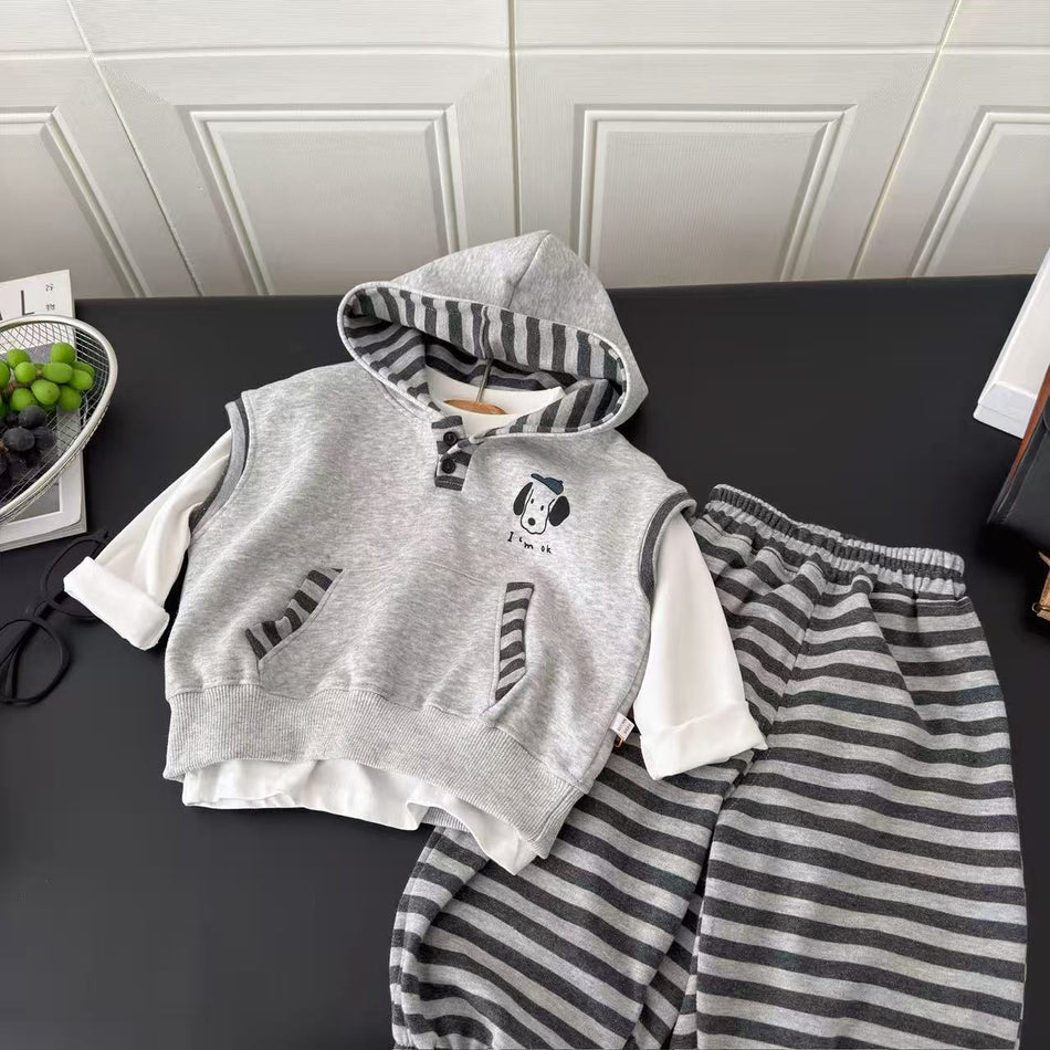 Kids Hooded Vest Three-Piece Casual Striped Set