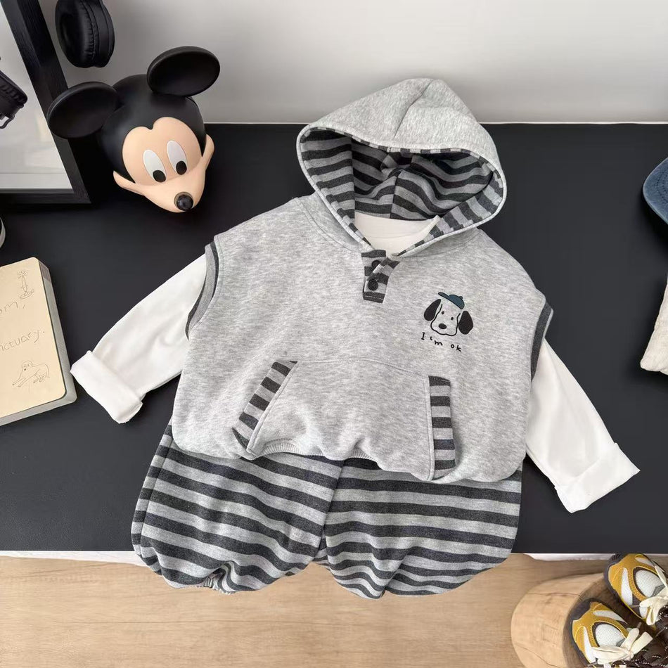 Kids Hooded Vest Three-Piece Casual Striped Set