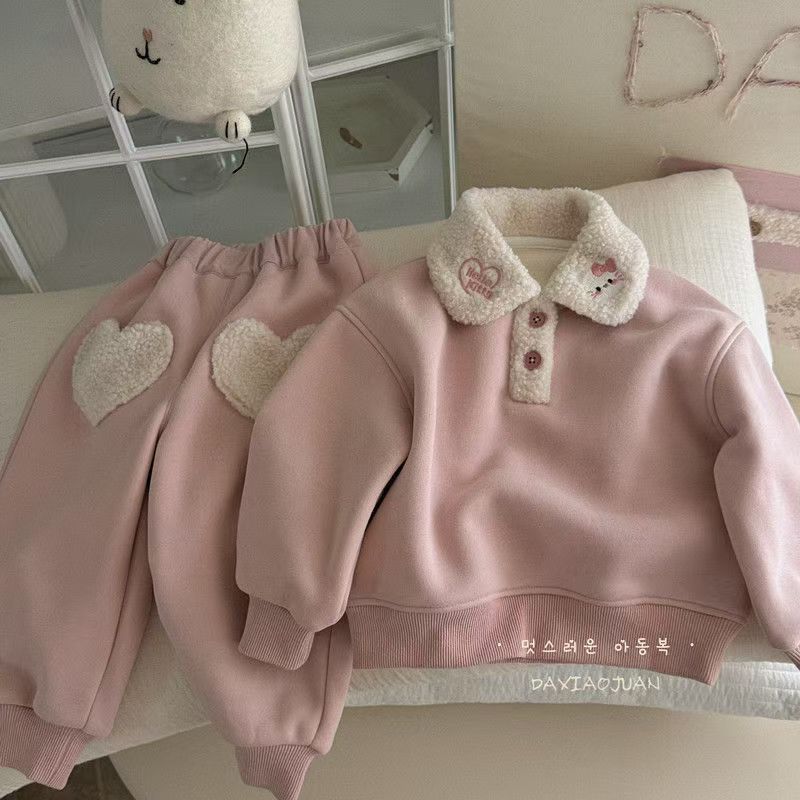 Girls Pink Heart Print Fleece Two-Piece Sweatshirt Set