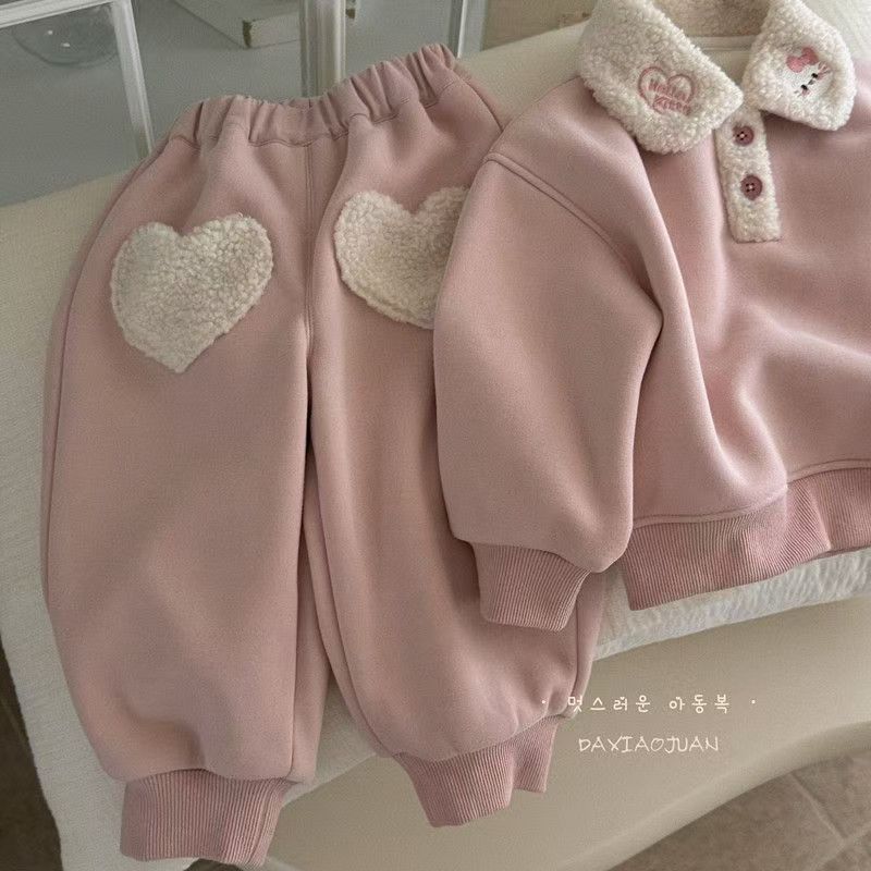 Girls Pink Heart Print Fleece Two-Piece Sweatshirt Set