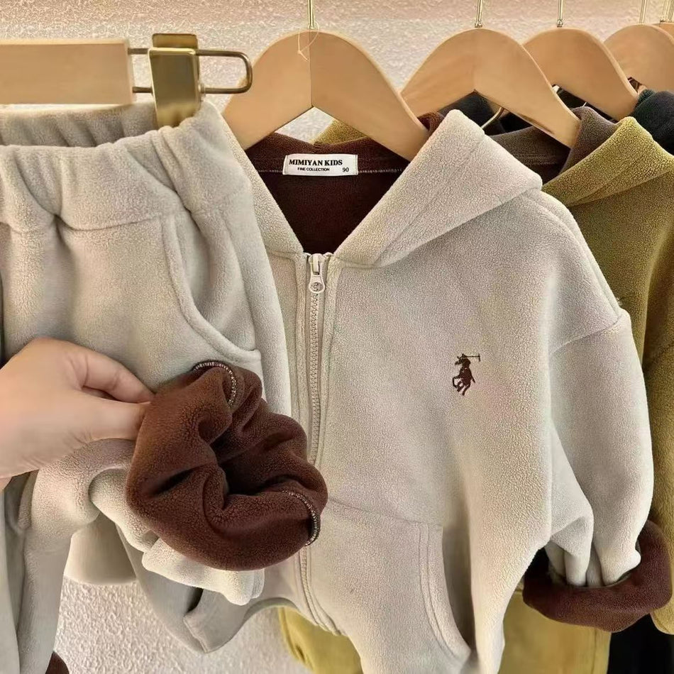Kids Hooded Zipper Fleece-Lined Sweatshirt and Pants Set
