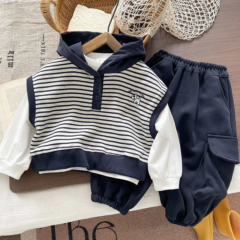 Boys Striped Hooded Sweatshirt and Sweatpants Three-Piece Set