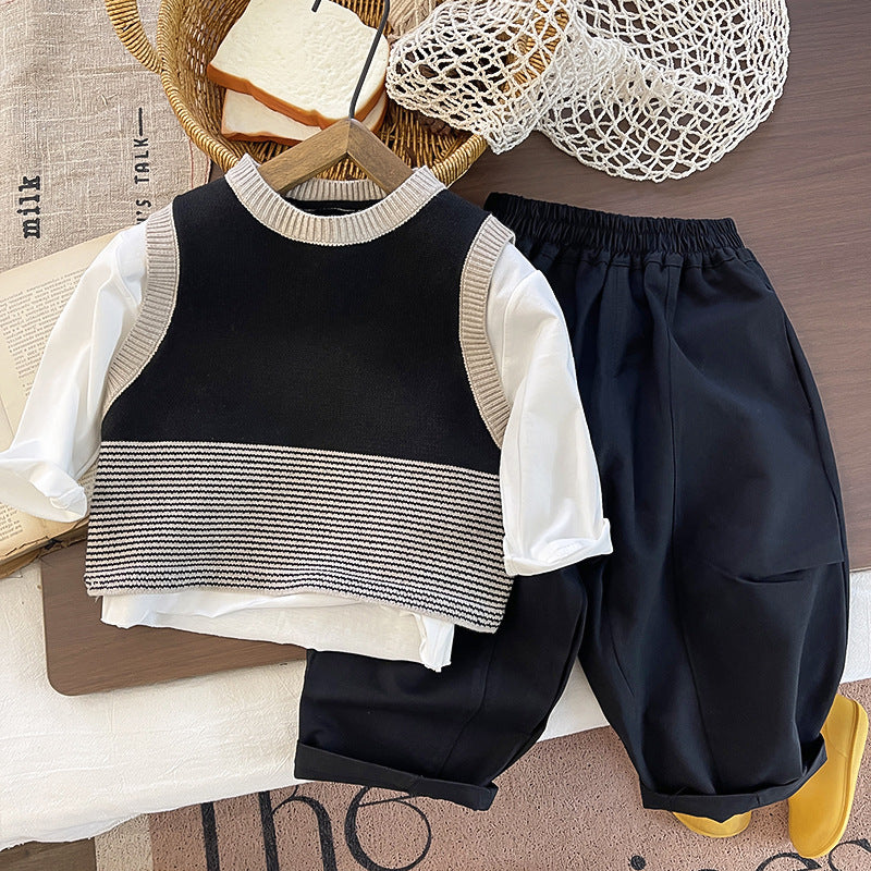 Baby Boys Knitted Vest and Striped Pants Two-Piece Set