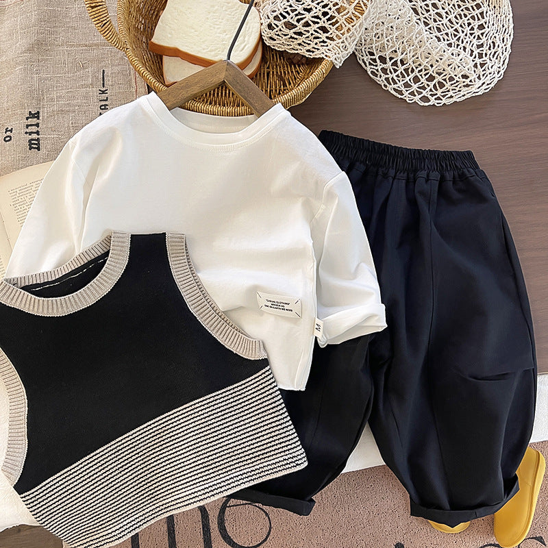 Baby Boys Knitted Vest and Striped Pants Two-Piece Set
