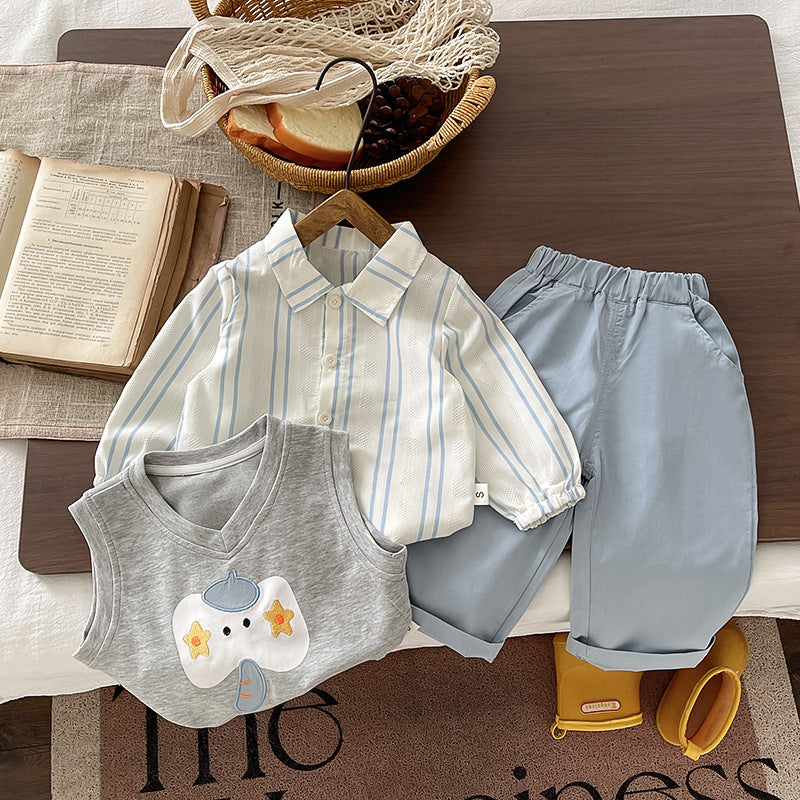 Kids Cartoon Elephant Striped Shirt Vest and Pants Three-Piece