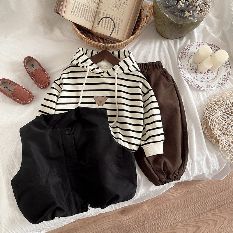 Boys Striped Hooded Top and Vest Three-Piece Set