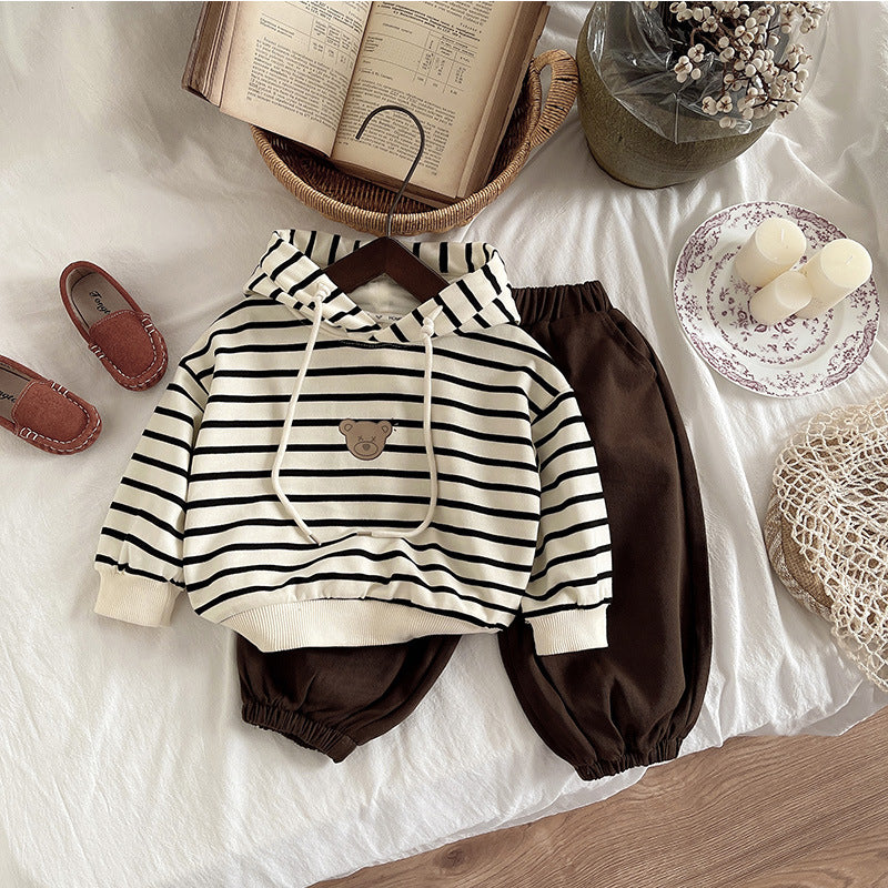 Boys Striped Hooded Top and Vest Three-Piece Set