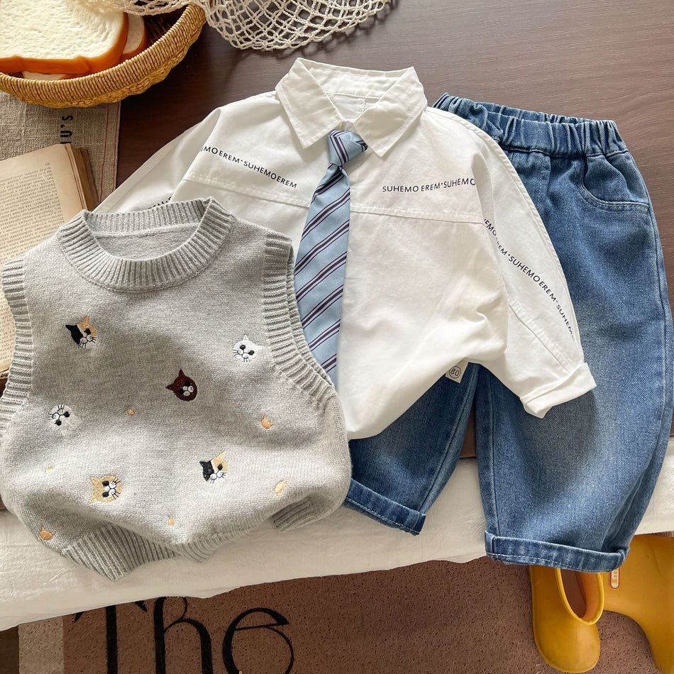 Baby Boys Cartoon Cat Vest Shirt and Jeans Three-Piece Set