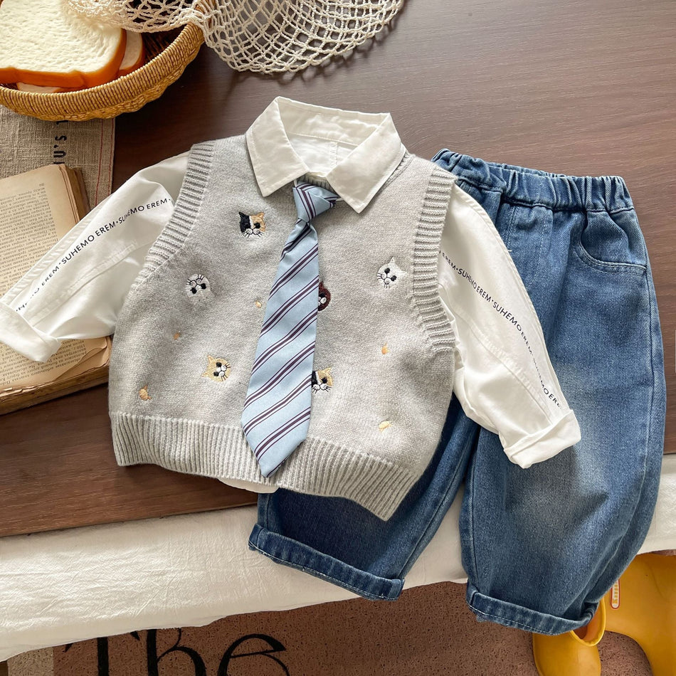 Baby Boys Cartoon Cat Vest Shirt and Jeans Three-Piece Set