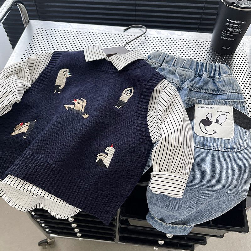 Baby Boys Cartoon Dog Embroidered Vest and Jeans Set