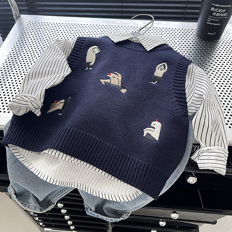 Baby Boys Cartoon Dog Embroidered Vest and Jeans Set