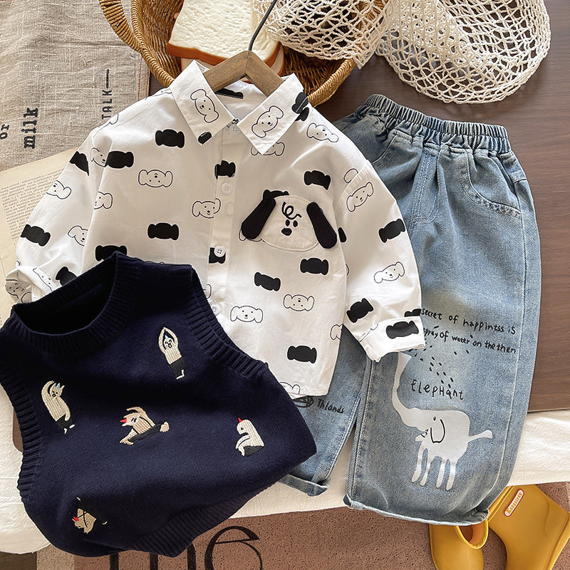 Baby Boys Cartoon Elephant Vest and Jeans Two-Piece Set