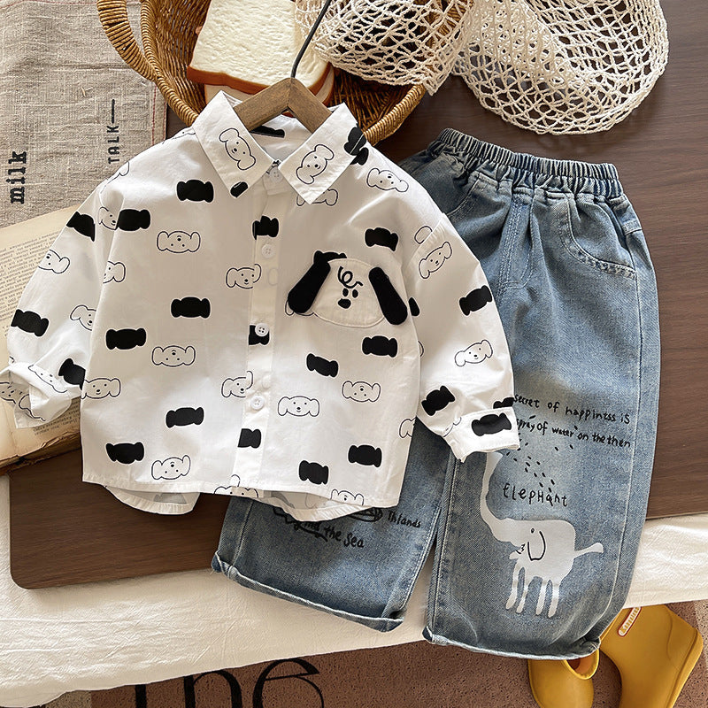 Baby Boys Cartoon Elephant Vest and Jeans Two-Piece Set