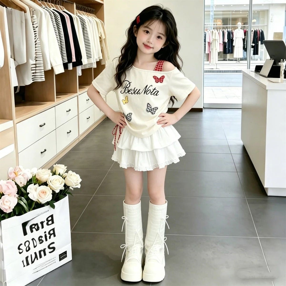Girls One-Shoulder T-Shirt and Cake Skirt Two-Piece Set
