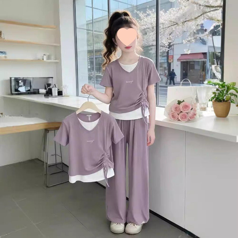 Girls Korean Style Color-Blocked Sleeveless Two-Piece Set
