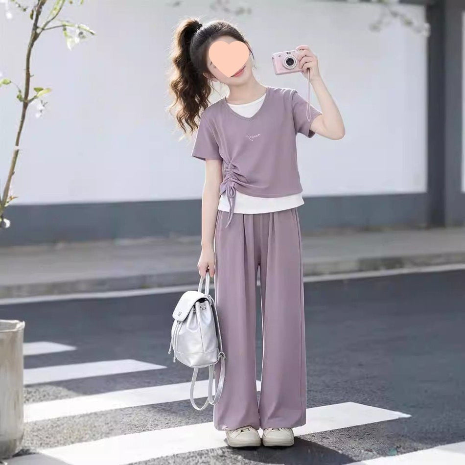 Girls Korean Style Color-Blocked Sleeveless Two-Piece Set