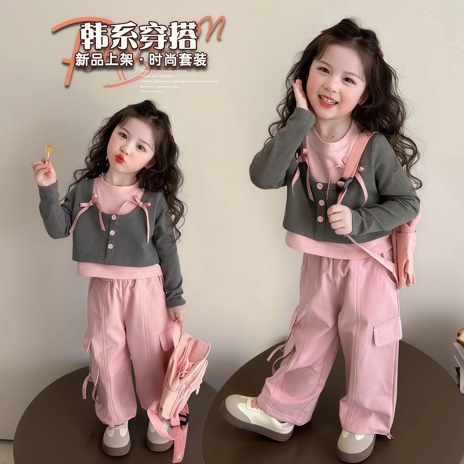 Girls Sweet Bow Pullover Sweatshirt and Pants Set
