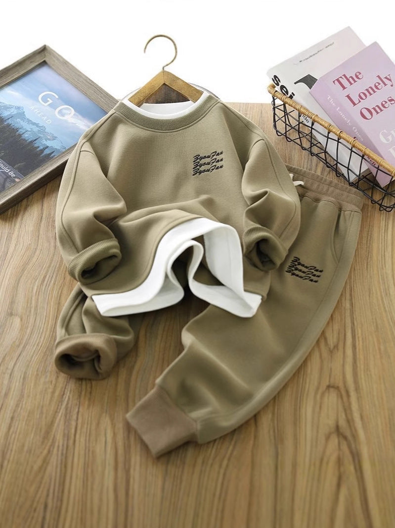 Kids Round Neck Solid Color Two-Piece Trousers Set