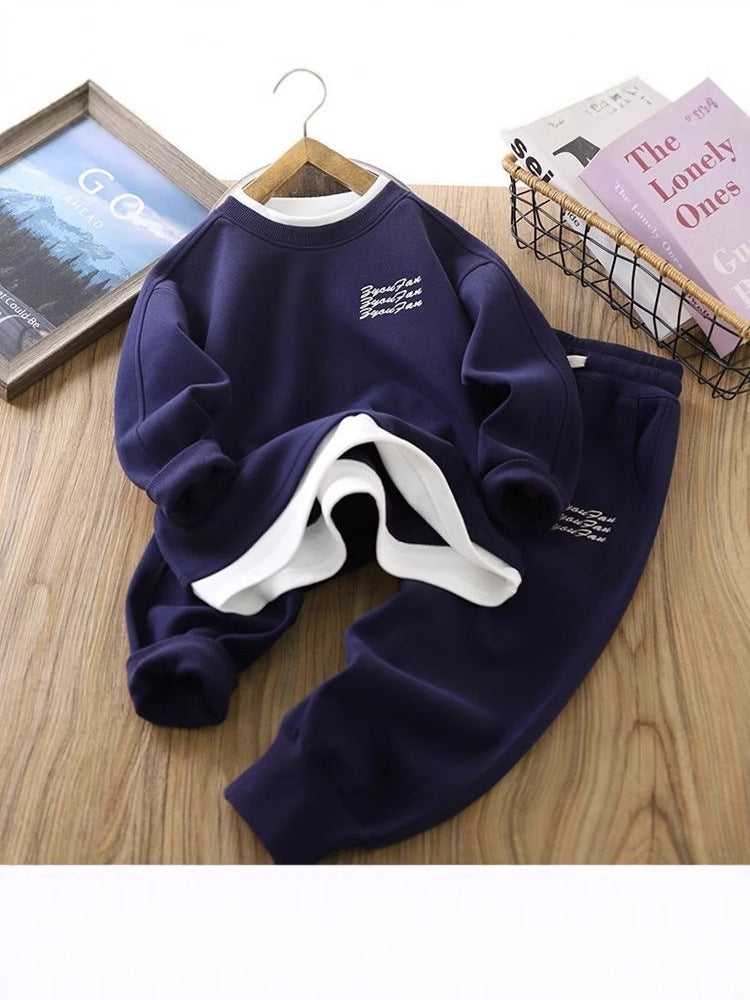 Kids Round Neck Solid Color Two-Piece Trousers Set